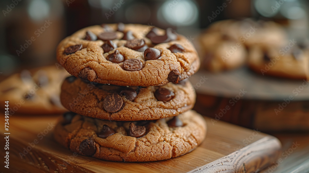 Professional food photo of appetizing and tasty sweet American cookies with chocolate chips