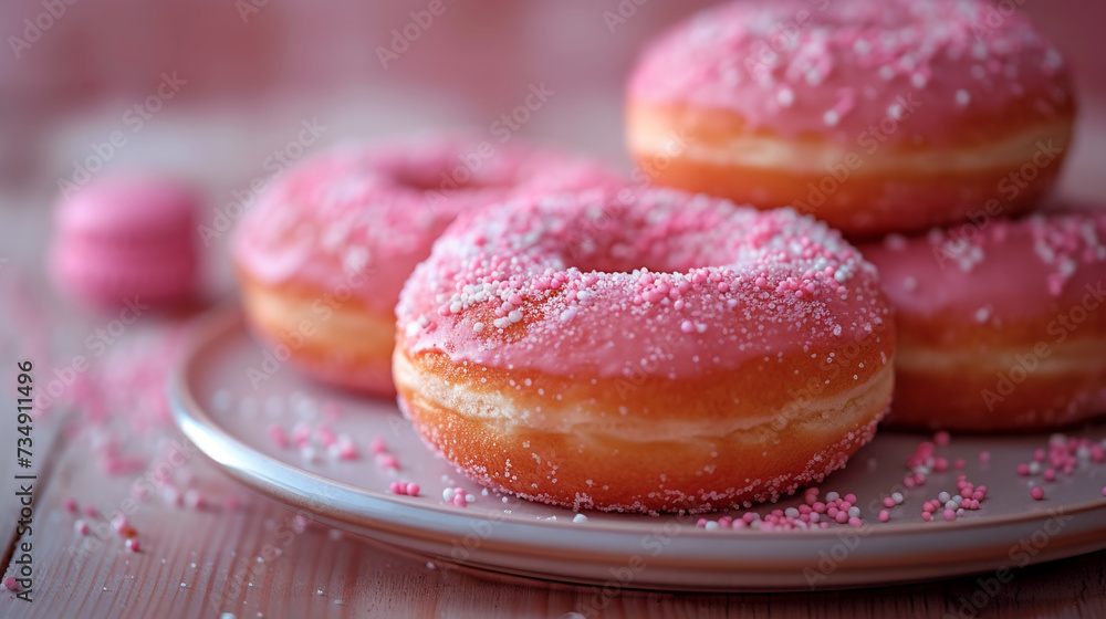 Professional food photo of appetizing and tasty sweet American donuts with pink glaze and icing