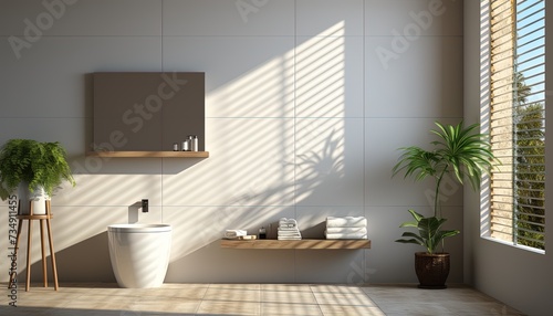 Bathroom interior design with white walls  towel and plants. Created with Ai