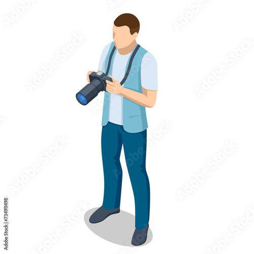 Isometric man Photographer with dslr Camera. Digital photo camera. Home hobby, lifestyle, travel, people concept. Professional Photographer