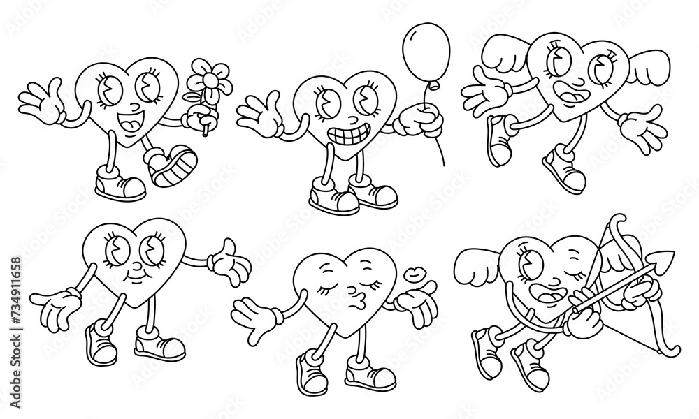 A set of contour hearts of boys in different positions and emotions. A heartfelt character in the retro cartoon style. A coloring book for Valentine's Day. Flat vector illustrations on a white doodle A set of contour hearts of boys in different positions and emotions. A heartfelt character in the retro cartoon style. A coloring book for Valentine's Day. Flat vector illustrations on a white doodle