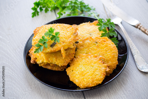 fried vegetarian potato pancakes in a plate.