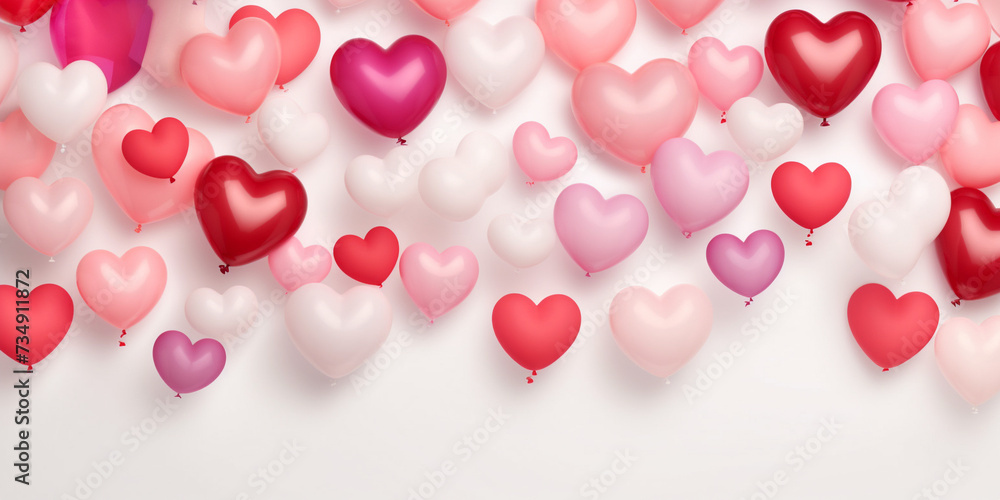 Horizontal banner of pink and red heart-shaped balloons 

