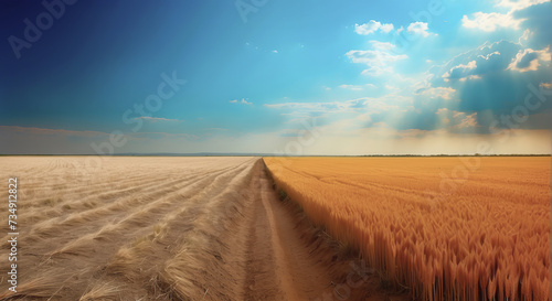 dramatic image of two opposite environments: a barren land with dry soil and a fertile field with golden wheat.