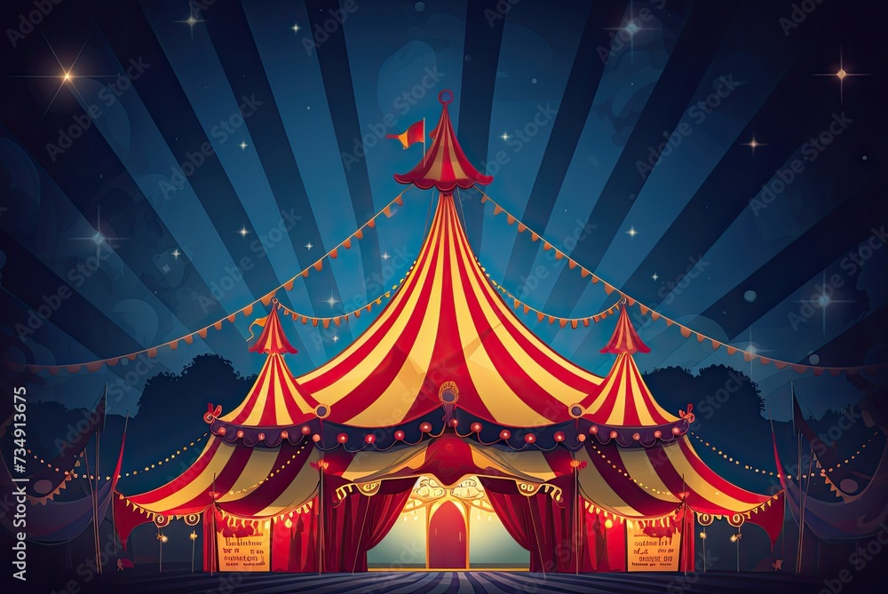 An artistic illustration depicting a brightly lit circus tent against a dark backdrop - obrazy, fototapety, plakaty 
