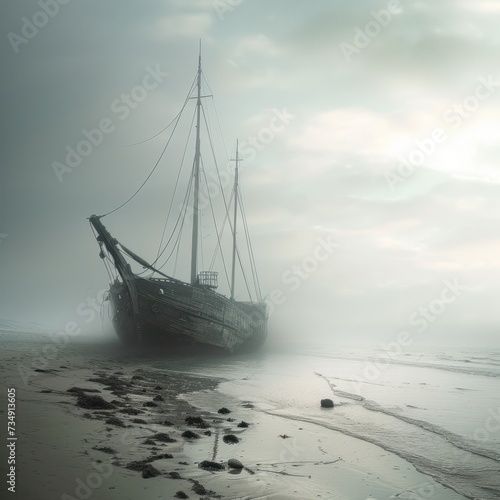 An abandoned ship on a foggy and dusty beach looks mystical and has been abandoned for a long time. Great for backgrounds, blogs, inspiration, imagination etc. Generative Ai