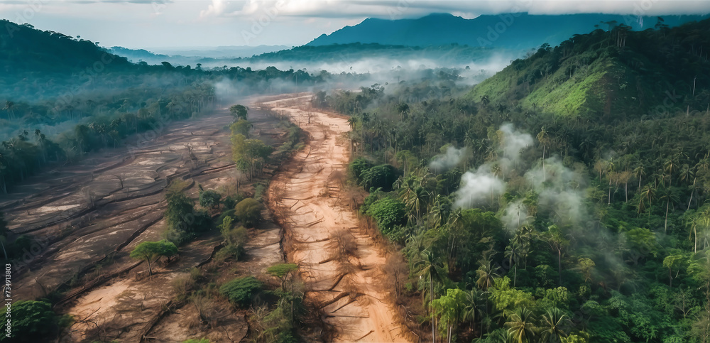 Aerial view of deforestation. environmental destruction due to tropical deforestation