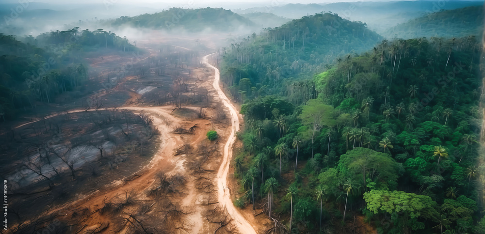 Aerial view of deforestation. environmental destruction due to tropical deforestation