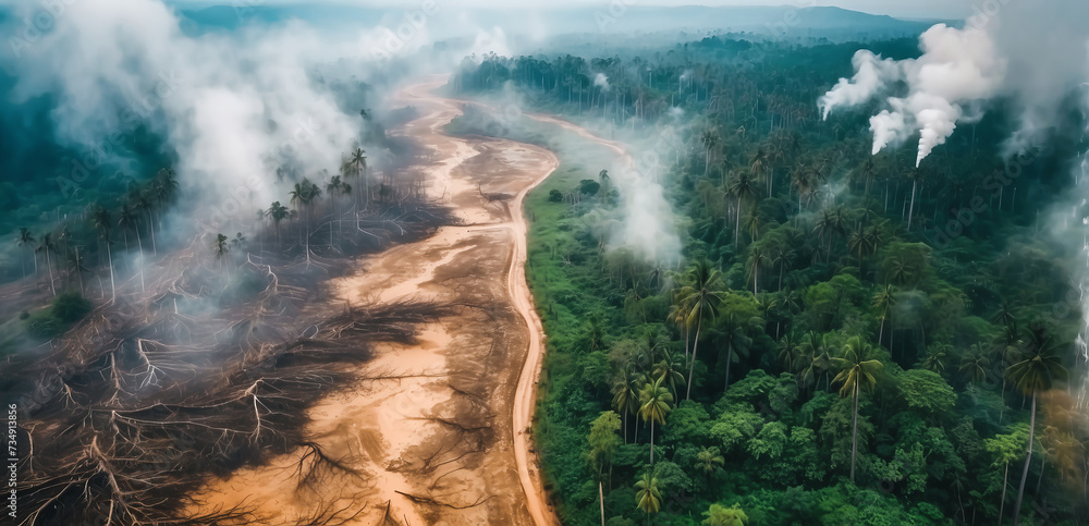 Aerial view of deforestation. environmental destruction due to tropical deforestation