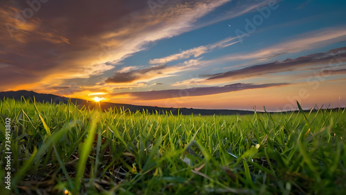 sunset over field  Green grass with sunset views  green grass and sun  Generative AI 