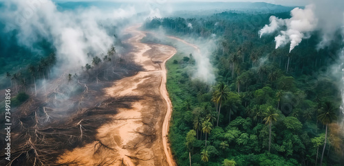 Obraz na płótnie Aerial view of deforestation. environmental destruction due to tropical deforestation w salonie
