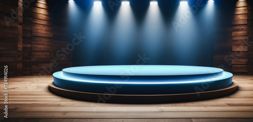 Obraz na płótnie An empty podium scene for a product presentation with blue dramatic lighting strikes w salonie