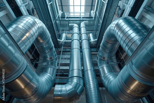 A photograph of a sizable metal pipe inside a building, showcasing a part of the HVAC system in a domestic environment. photo