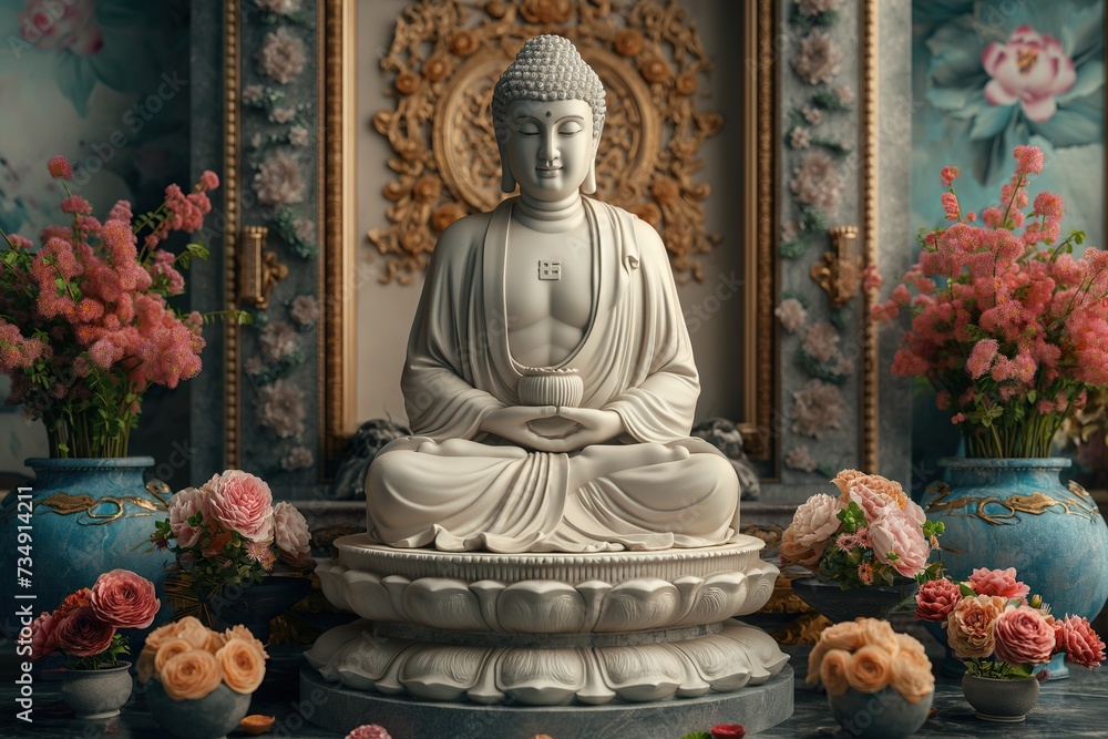 Buddha statue in white marble, with flower offerings around it. Buddha statue in white marble, with flower offerings around it.