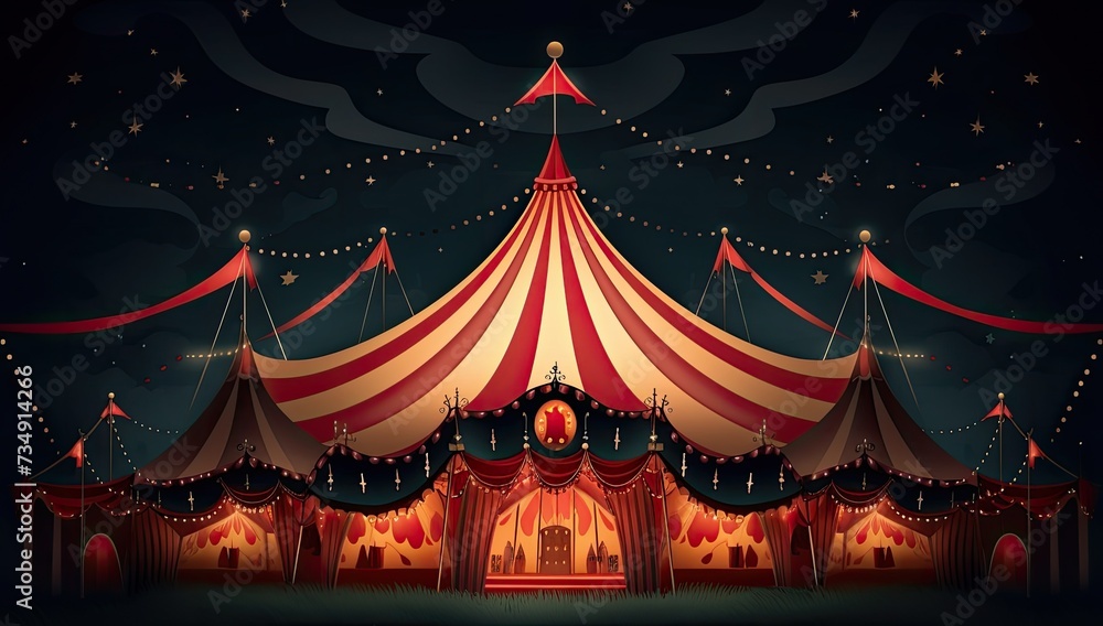 An illustrated depiction of a circus tent glowing in the darkness of night - obrazy, fototapety, plakaty 