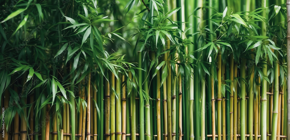 bamboo fence background, empty space surrounded with green bamboo leaves