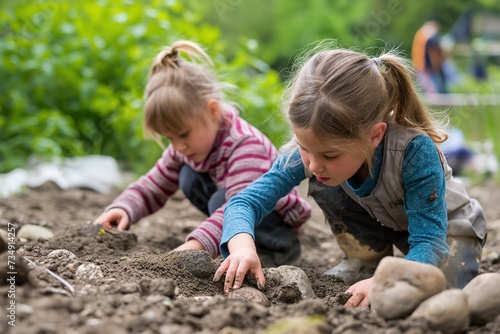 Children dig with their hands in the garden to plant vegetables.
