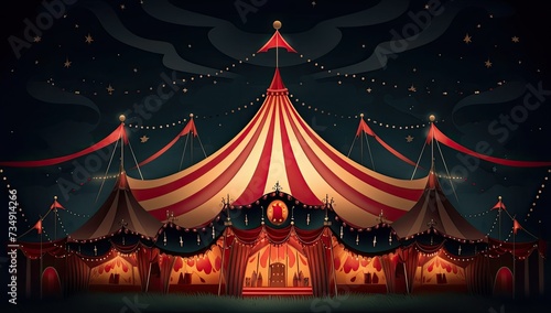 An illustrated depiction of a circus tent glowing in the darkness of night