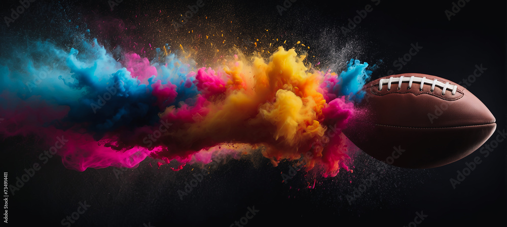 Banner. Dynamic shot of American Football ball flying from colorful dust in motion against black background with negative space to insert text