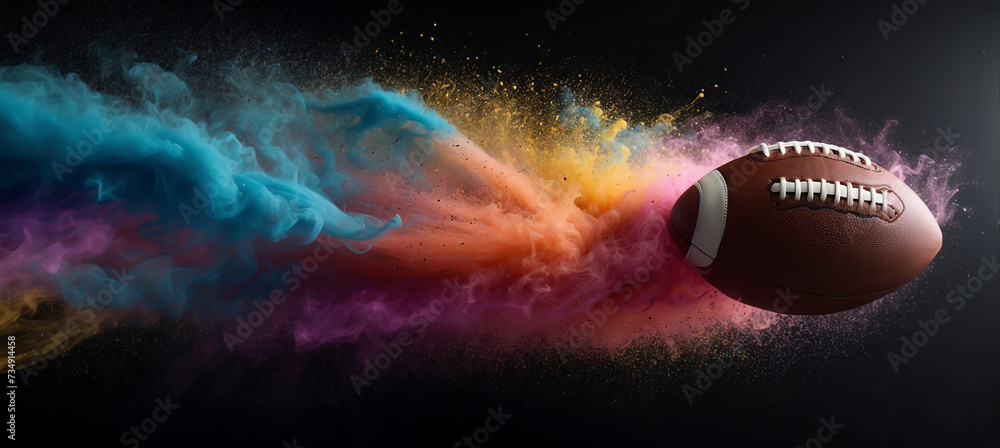 Banner. Dynamic shot of American Football ball flying from colorful dust in motion against black background with negative space to insert text