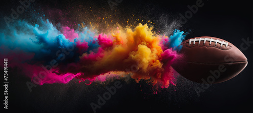 Obraz na płótnie Banner. Dynamic shot of American Football ball flying from colorful dust in motion against black background with negative space to insert text w salonie