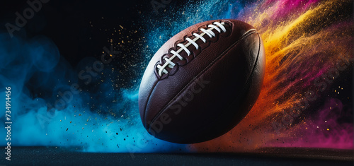 Obraz na płótnie Banner. Dynamic shot of American Football ball flying from colorful dust in motion against black background with negative space to insert text w salonie