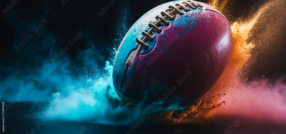 Banner. Dynamic shot of American Football ball flying from colorful dust in motion against black background with negative space to insert text