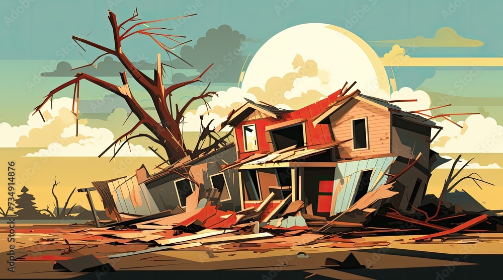 Illustration depicting the aftermath of a tornado disaster, with destroyed houses and devastated homes in its wake
