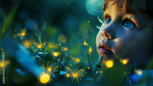 .A charming scene of a child with wide eyes marveling at a field of fireflies © Samvel