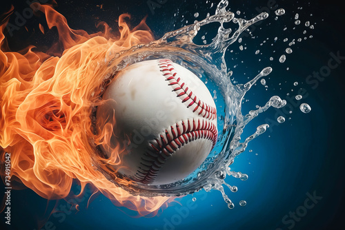 Obraz na płótnie Baseball caught in a dynamic interplay of fire and water w salonie