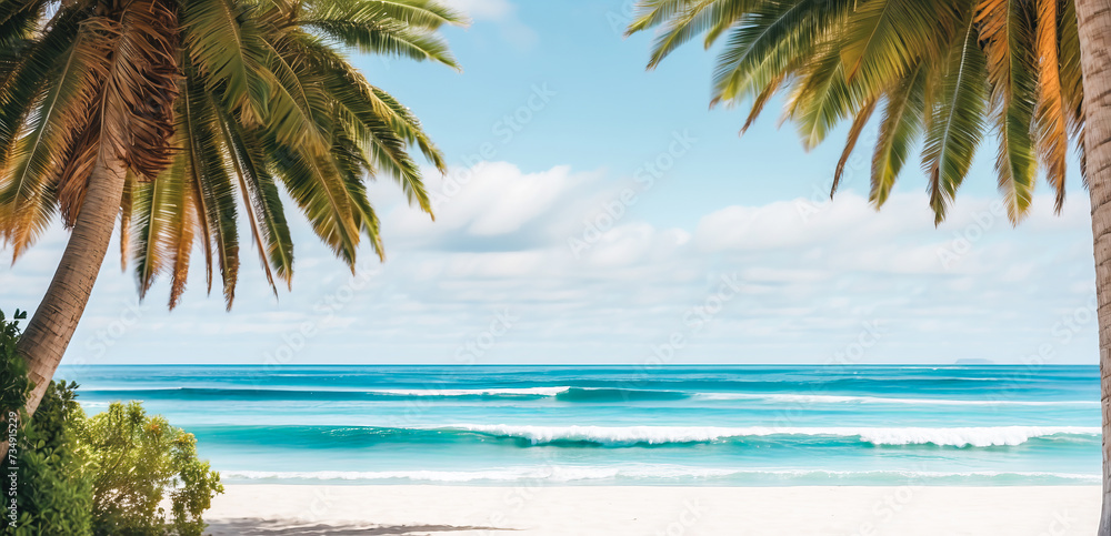 Beautiful beach and ocean or sea background with a palm tree under which there is a surfboard