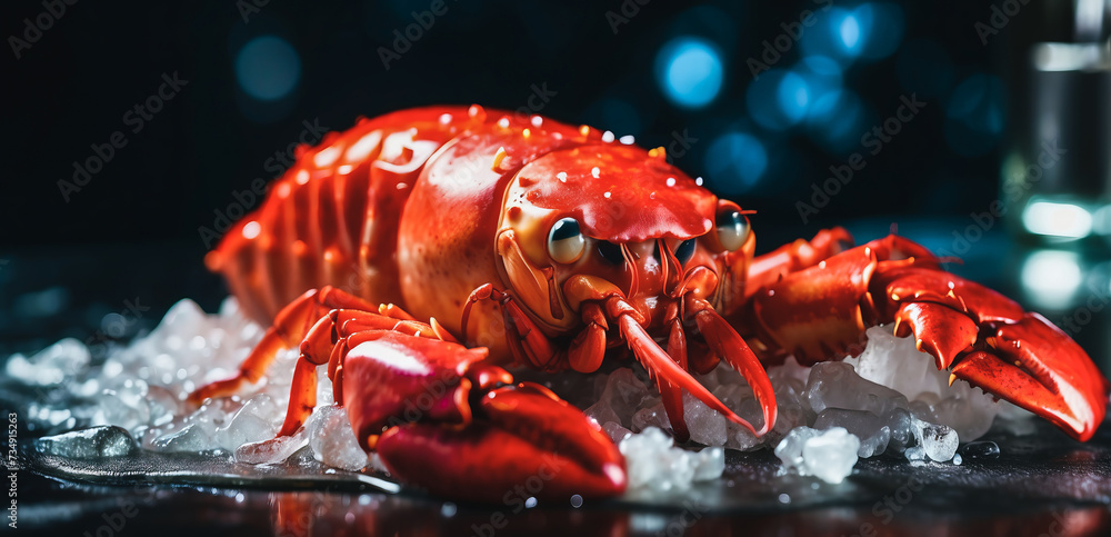 beautiful red lobster lying on ice and on a black or dark background with space for inscriptions or logos. Seafood background
