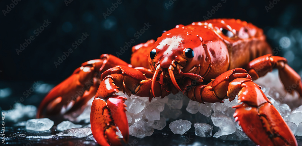 beautiful red lobster lying on ice and on a black or dark background with space for inscriptions or logos. Seafood background