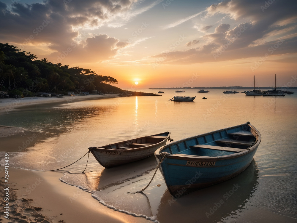 Au coucher du soleil sur la plage avec une eau magnifique, quelques bateaux sont garés. Paysage.

