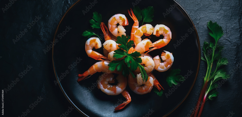 Beautiful shrimp dish on a black plate top view on a beautiful black background