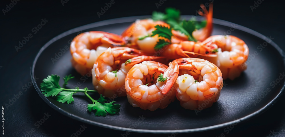 Beautiful shrimp dish on a black plate top view on a beautiful black background