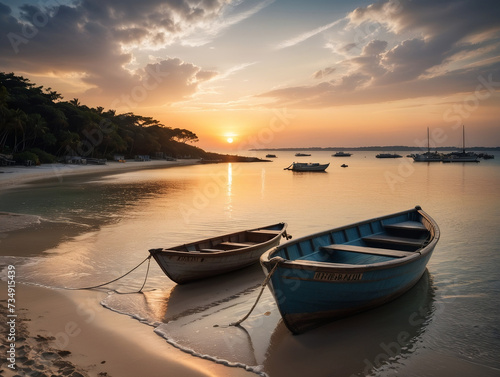Au coucher du soleil sur la plage avec une eau magnifique, quelques bateaux sont garés. Paysage.
