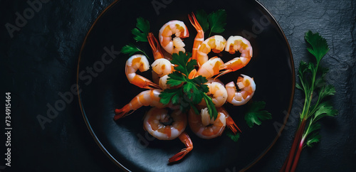 Obraz na płótnie Beautiful shrimp dish on a black plate top view on a beautiful black background w salonie