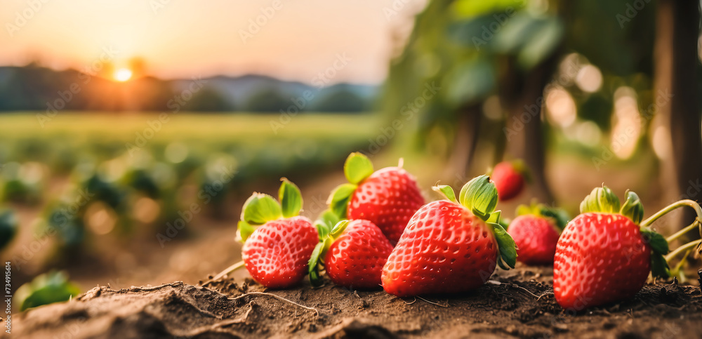 branch with natural strawberries on a blurred background of a strawberry field at golden hour. The concept of organic, local, seasonal fruits and harvest