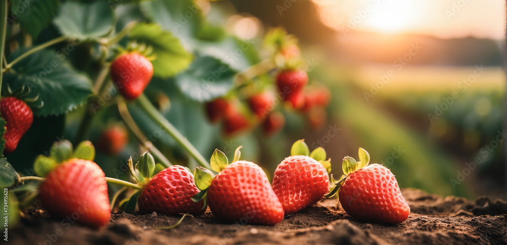 branch with natural strawberries on a blurred background of a strawberry field at golden hour. The concept of organic, local, seasonal fruits and harvest