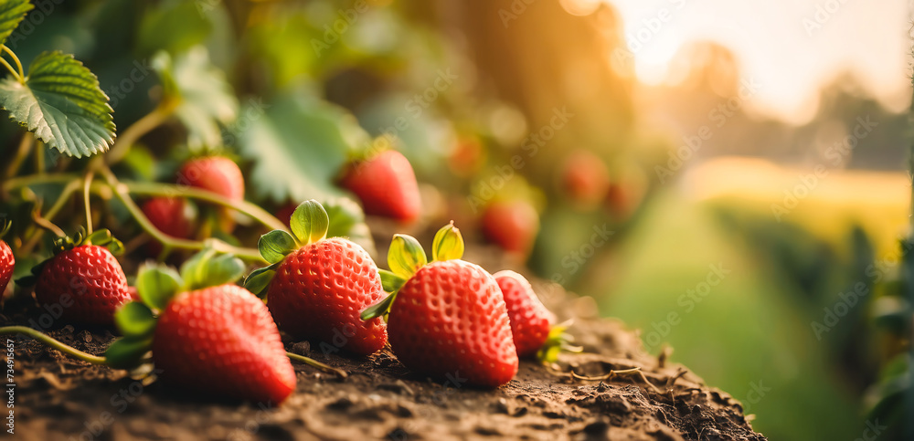 branch with natural strawberries on a blurred background of a strawberry field at golden hour. The concept of organic, local, seasonal fruits and harvest