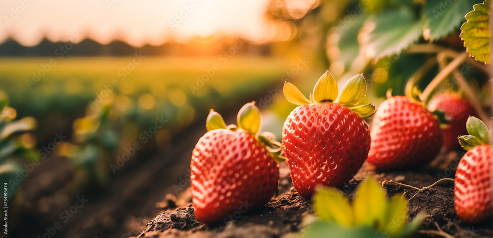 branch with natural strawberries on a blurred background of a strawberry field at golden hour. The concept of organic, local, seasonal fruits and harvest