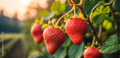 branch with natural strawberries on a blurred background of a strawberry field at golden hour. The concept of organic  local  seasonal fruits and harvest 