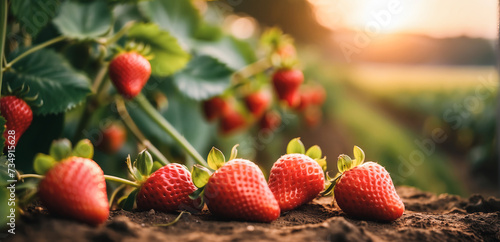 Obraz na płótnie branch with natural strawberries on a blurred background of a strawberry field at golden hour. The concept of organic, local, seasonal fruits and harvest w salonie