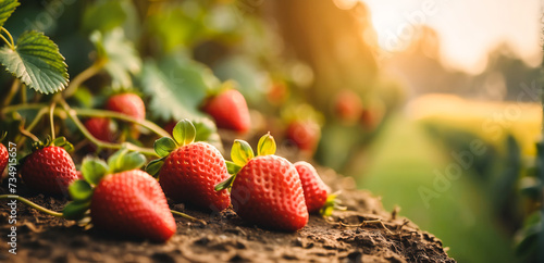 Obraz na płótnie branch with natural strawberries on a blurred background of a strawberry field at golden hour. The concept of organic, local, seasonal fruits and harvest w salonie