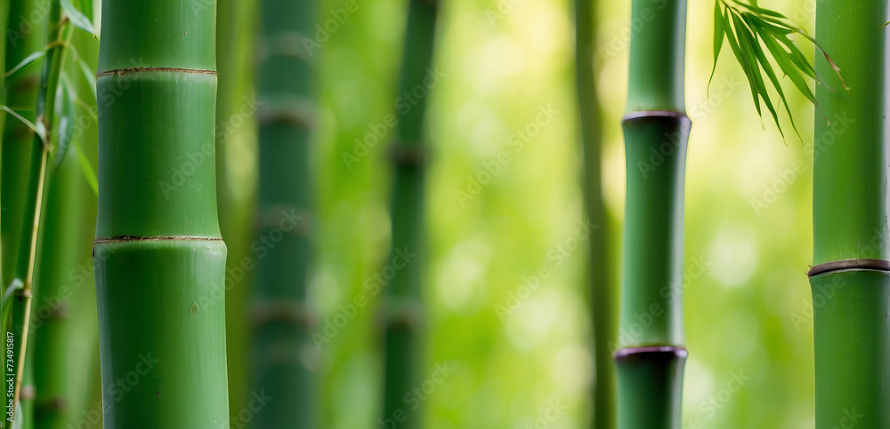 Close up of green bamboo forest background with copy space, spa and zen banner design Close up of green bamboo forest background with copy space, spa and zen banner design