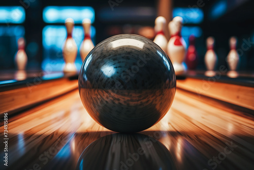 Close-up of a bowling ball hitting pins scoring a strike  bottom view and action shot. Ten pin bowling game concept