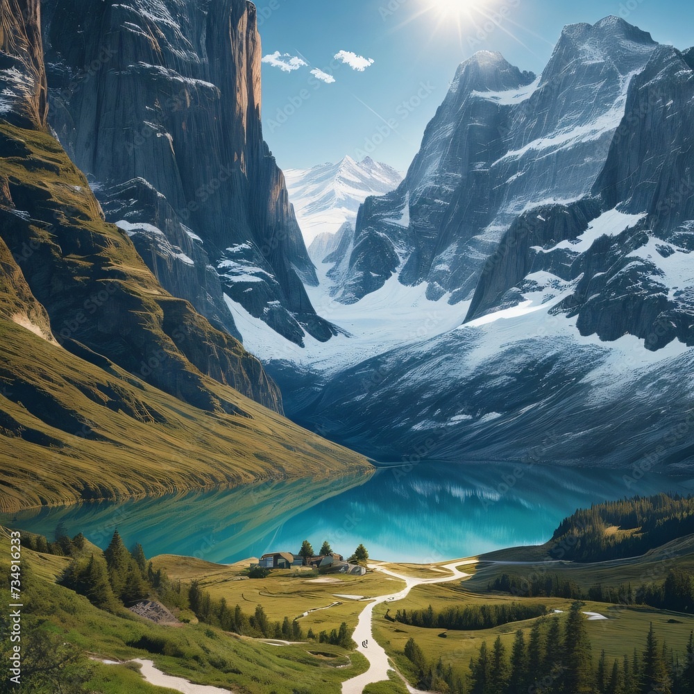 AI generated illustration of mountain range with lake, road, and snow-capped peaks