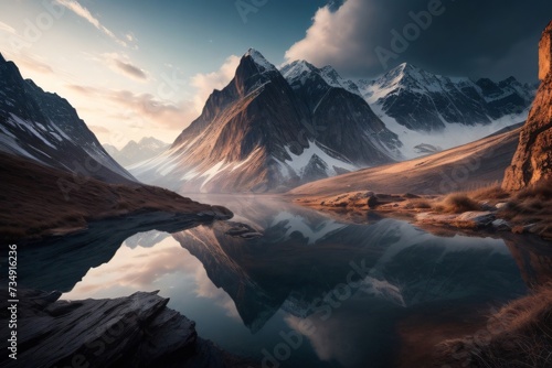 AI generated illustration of scenic lake nestled on a hill between majestic mountains