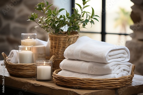 Spa towels and candles with vase. Created with Ai